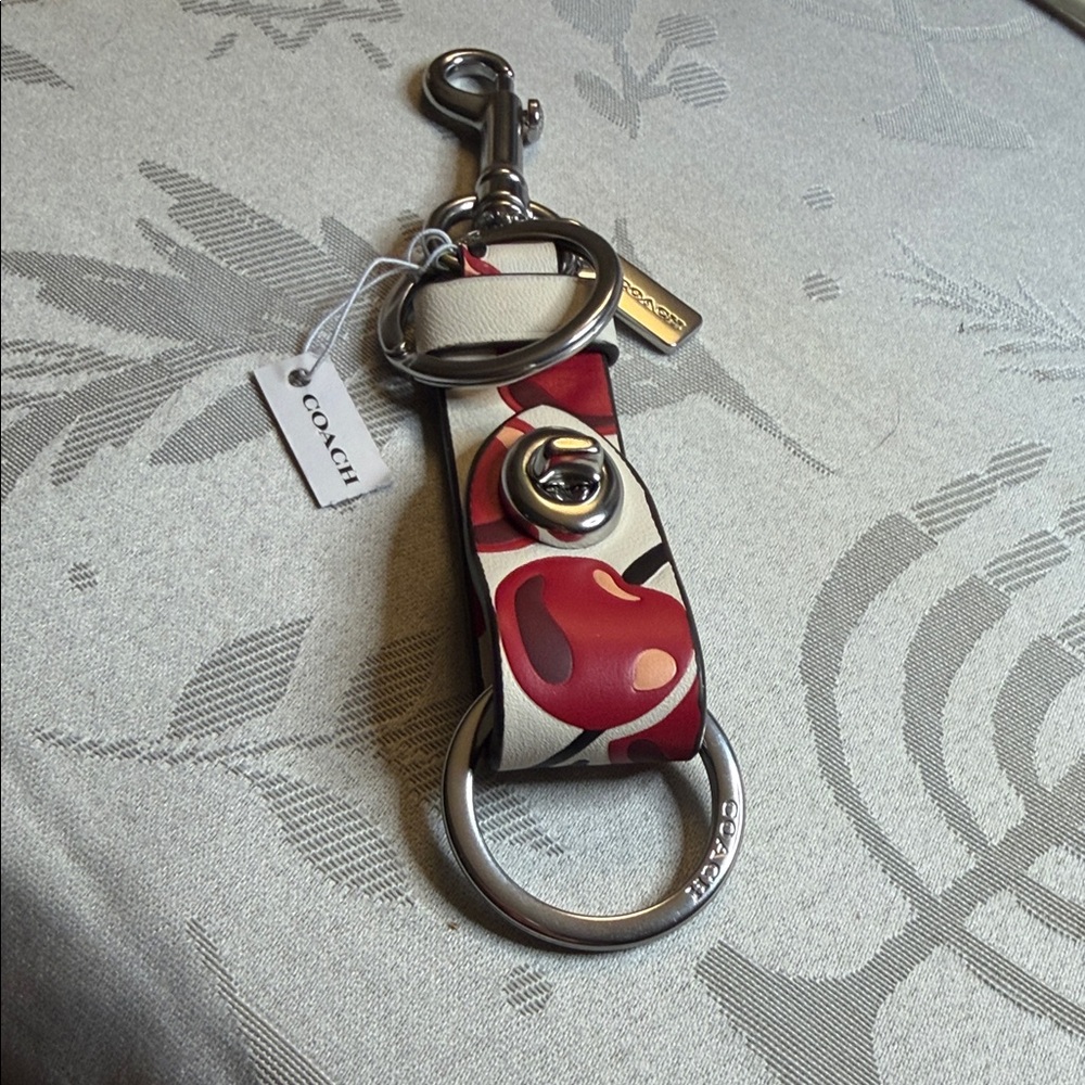 Coach Red and Cream  🍒 Pattern Leather Key Ring with Silver Hardware